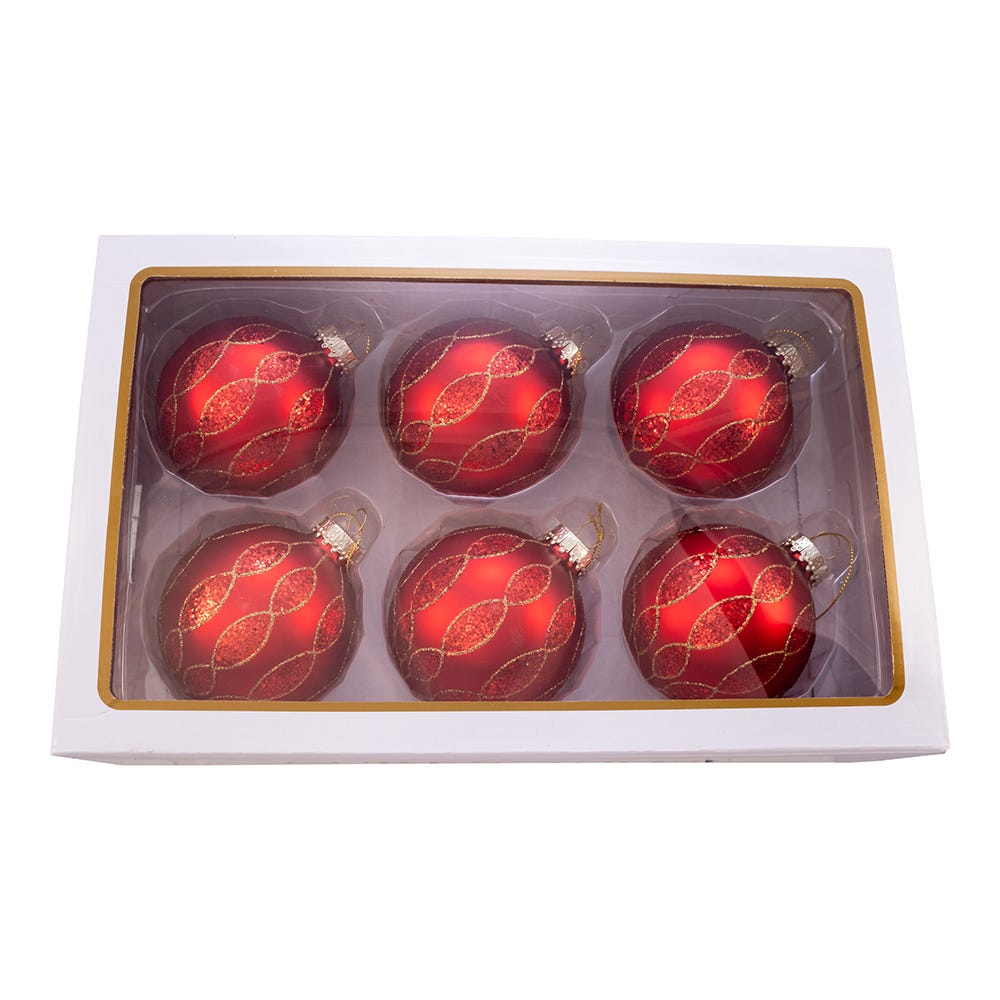 Kurt Adler 80MM Red with Glitter Pattern Glass Ball Ornaments, 6 Piece Box